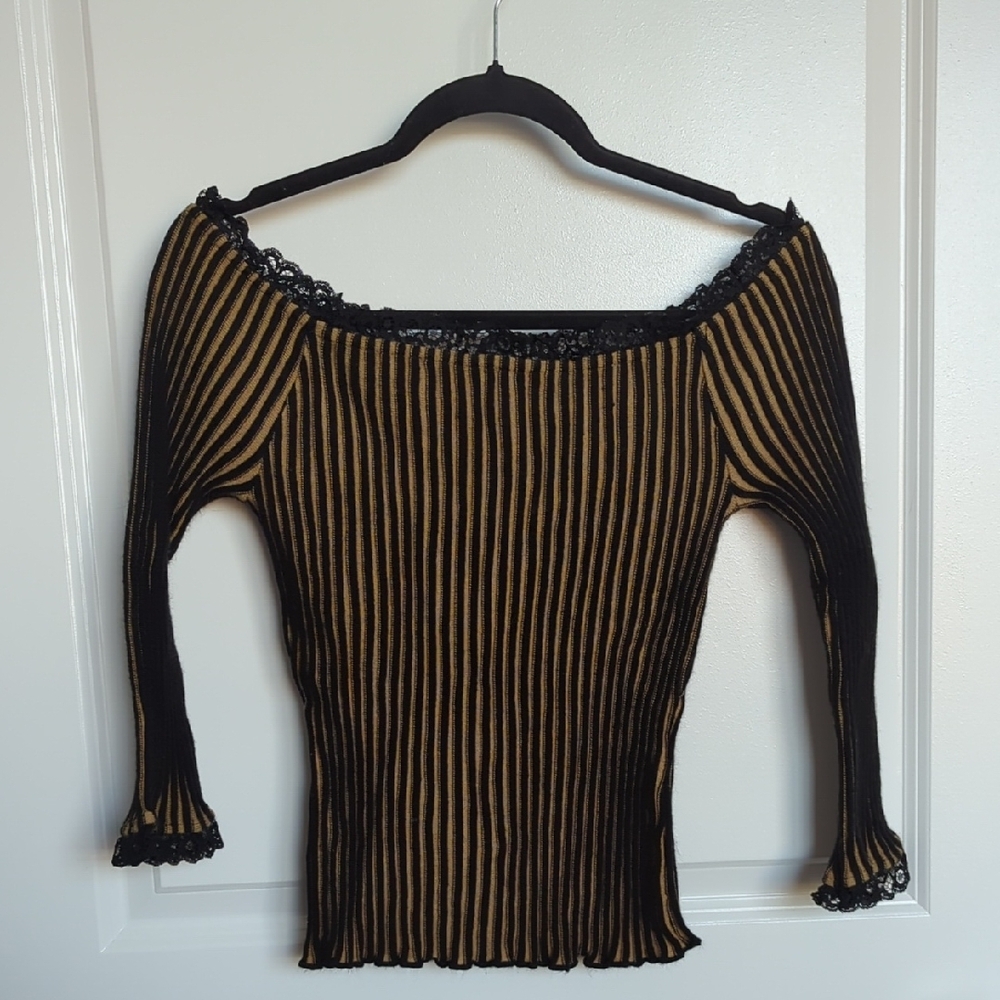 Black and Tan Striped Off-Shoulder Top